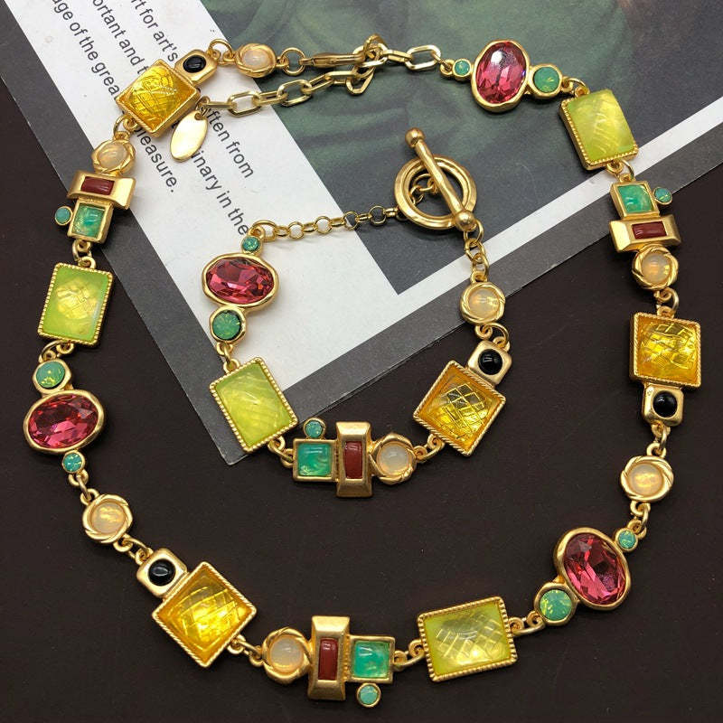 Colorful Exotic Vintage Retro Classic Pendant Yellow Diamonds Luxury 18k Gold Plated Necklace Bracelet Jewelry Set | Mix Mix Style-Mix MIx Style