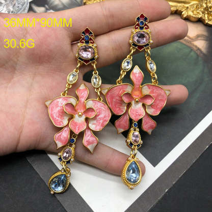 Blue - Pink Flower Shaped Drop Pear Cut Moissanite Diamonds Luxury 18k Vermeil Gold Plated Drop Earrings | Mix Mix Style-Mix MIx Style