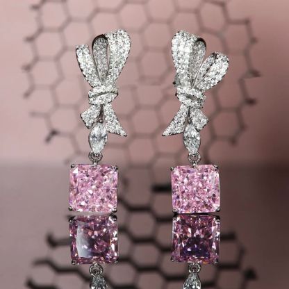 Pink - Yellow Bow Cushion Moissanite Diamonds Luxury 18k White Gold Plated Retro Drop Earrings | Mix Mix Style-Mix MIx Style