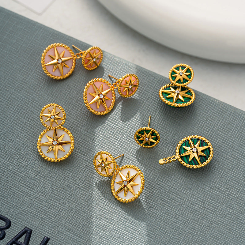 Compass eight-pointed star earrings for women high-grade malachite mother-of-pearl earrings 925 silver needle French temperament light luxury earrings-Mix MIx Style