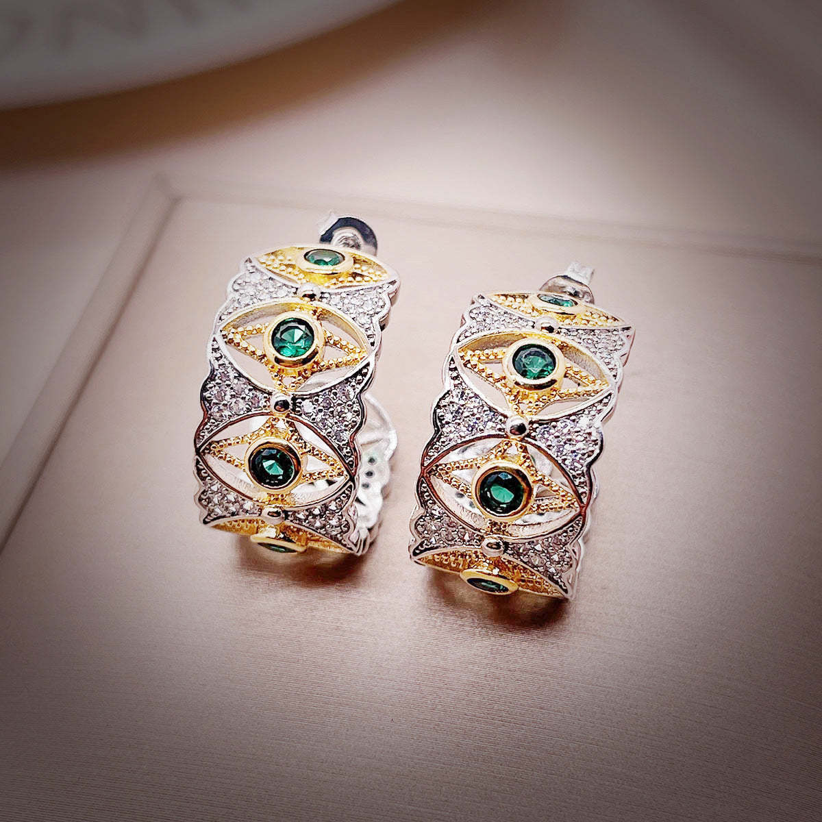 Green Stars Thick Antique  Retro Round Diamonds Luxury 18k White Gold Plated Ring Jewelry | Mix Mix Style-Mix MIx Style