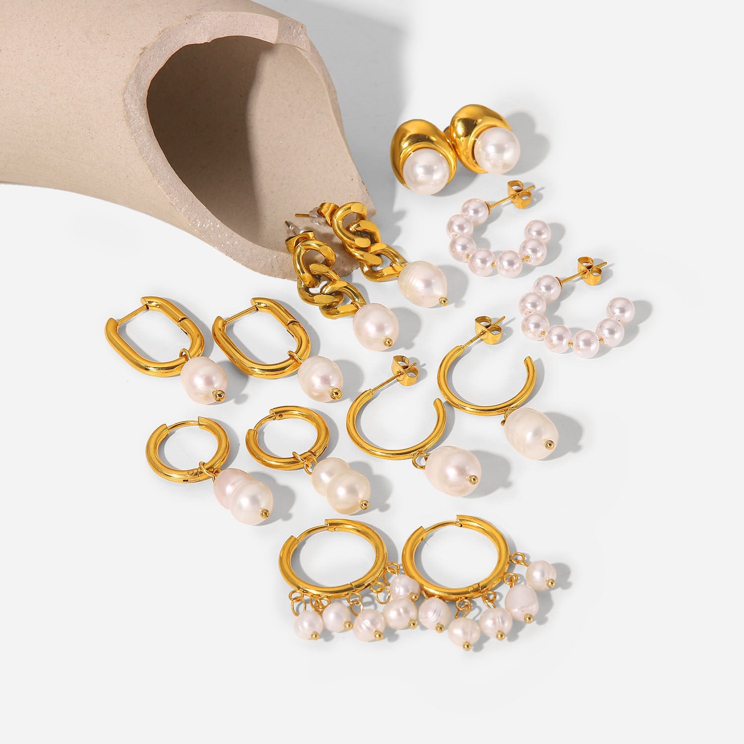Classic Timeless White Akoya Pearls & Moissanite Diamonds Elegant 18k Vermeil Gold Plated Hoop/Drop Earrings | Mix Mix Style-Mix MIx Style