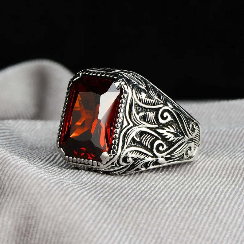 Carved Retro Red Radiant Cut Moissanite Diamond 18k White Gold Plated 