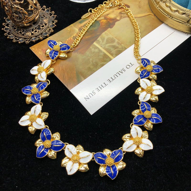 Blue Flowers Vintage Diamond Luxury 18k Vermeil Gold Plated Necklace Earrings Jewelry Set | Mix Mix Style-Mix MIx Style