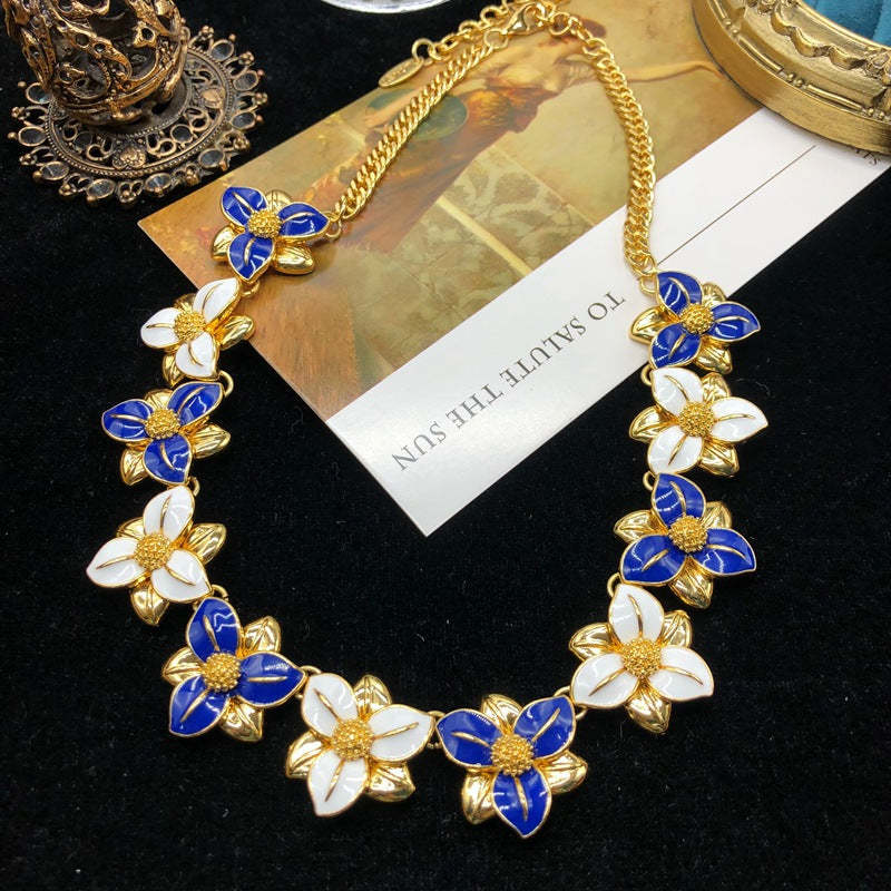 Blue Flowers Vintage Diamond Luxury 18k Vermeil Gold Plated Necklace Earrings Jewelry Set | Mix Mix Style-Mix MIx Style