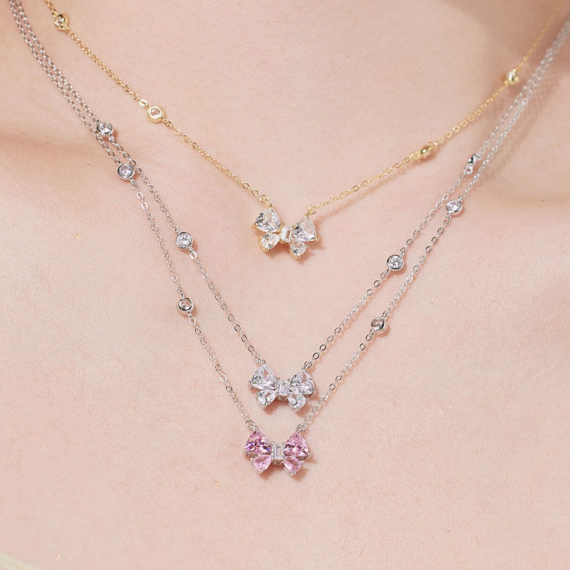 Linlang s925 sterling silver butterfly necklace for women inlaid with fat triangle zircon light luxury simple bow pendant clavicle chain-Mix MIx Style