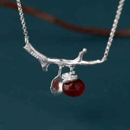 Red Retro Fruit Branch Leaf Pendant Gemstone Elegant 18k Vermeil Gold Plated Necklace Jewelry | Mix Mix Style-Mix MIx Style