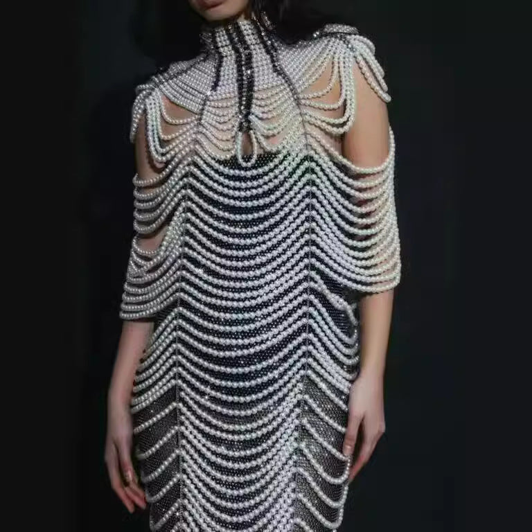 White Luxury Draped Sleeve pearl body chain adjustable cover Party Festival Mini dress | Mix Mix Style