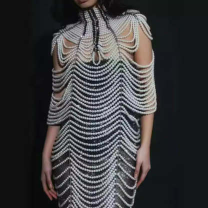 White Luxury Draped Sleeve pearl body chain adjustable cover Party Festival Mini dress | Mix Mix Style