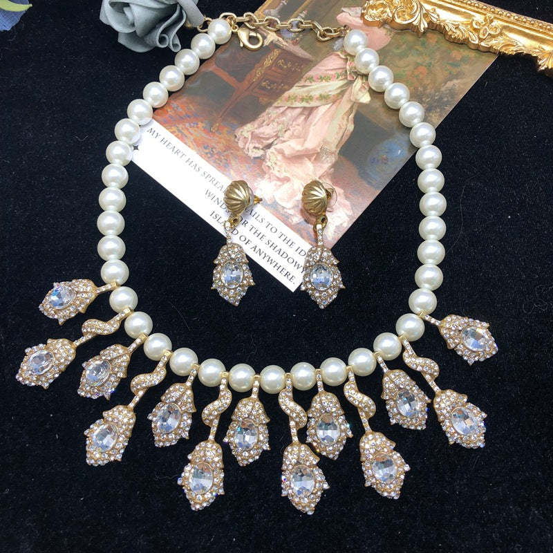 Vintage Retro Pendants White Oval Cut Diamond Akoya Pearl 18k Gold Plated Necklace Earrings Jewelry Set | Mix Mix Style-Mix MIx Style