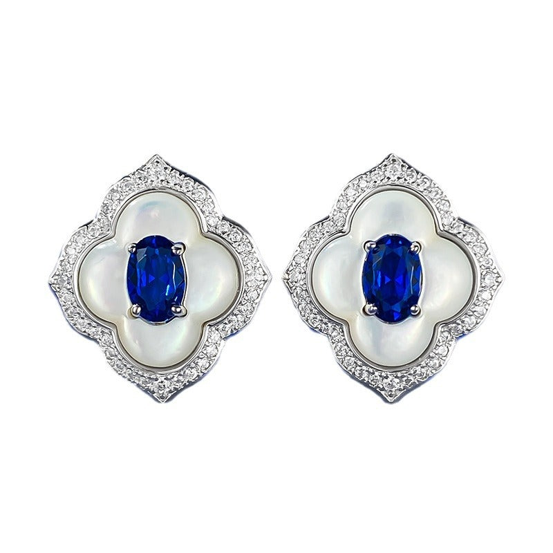 White & Blue Elegant Retro Moissanite Diamonds Elegant 18k White Gold Plated Stud Earrings | Mix Mix Style-Mix MIx Style