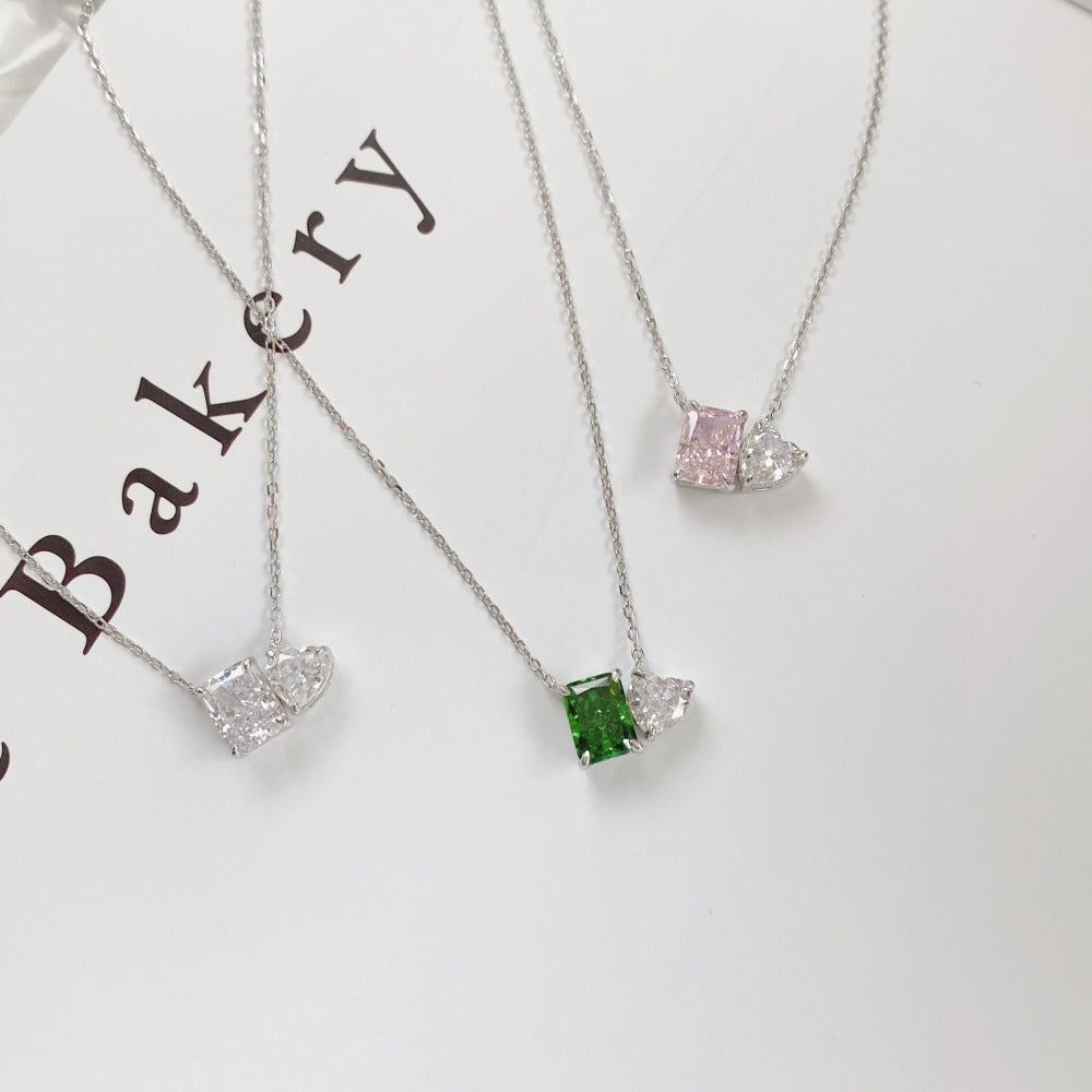 Live s925 sterling silver high carbon diamond necklace female ice flower cut pink heart-shaped pendant green diamond high-grade clavicle chain-Mix MIx Style