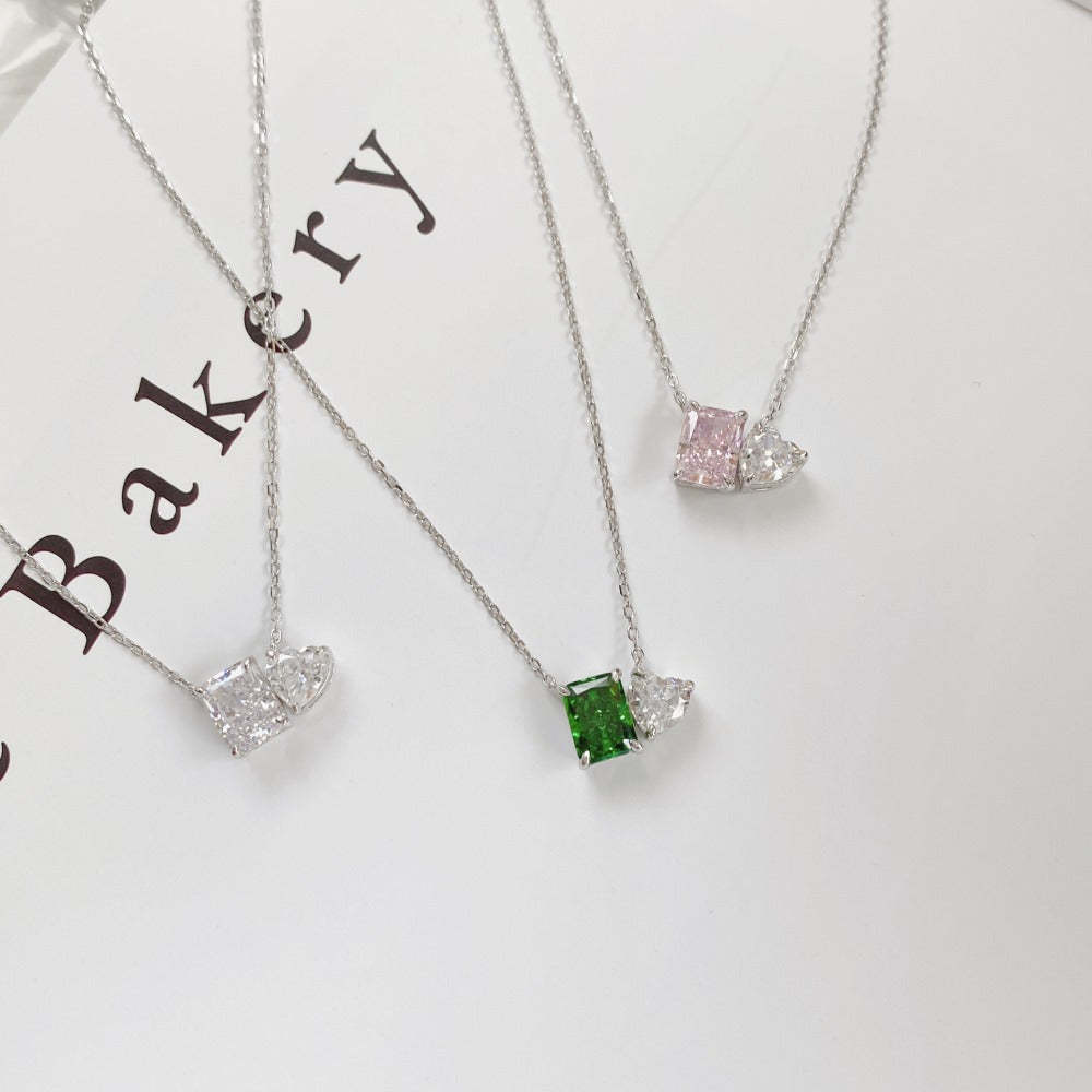 Live s925 sterling silver high carbon diamond necklace female ice flower cut pink heart-shaped pendant green diamond high-grade clavicle chain-Mix MIx Style