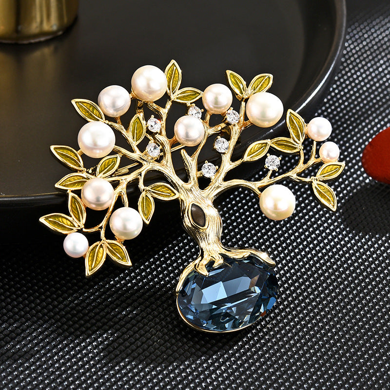 Light luxury high-grade retro Austrian crystal fortune tree temperament freshwater pearl brooch anti-exposure accessories for women-Mix MIx Style