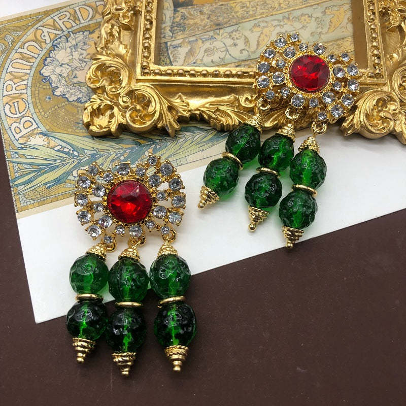 Green & Red Retro Classic Pendant Round Diamond Luxury 18k Gold Plated Necklace Earrings Jewelry Set | Mix Mix Style-Mix MIx Style