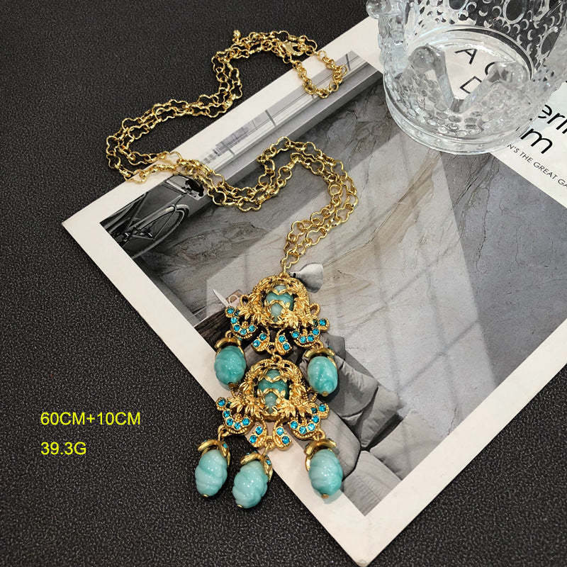 Aquamarine Blue Vintage Retro Classic Pendant Luxury 18k Gold Plated Necklace Earrings Jewelry Set | Mix Mix Style-Mix MIx Style