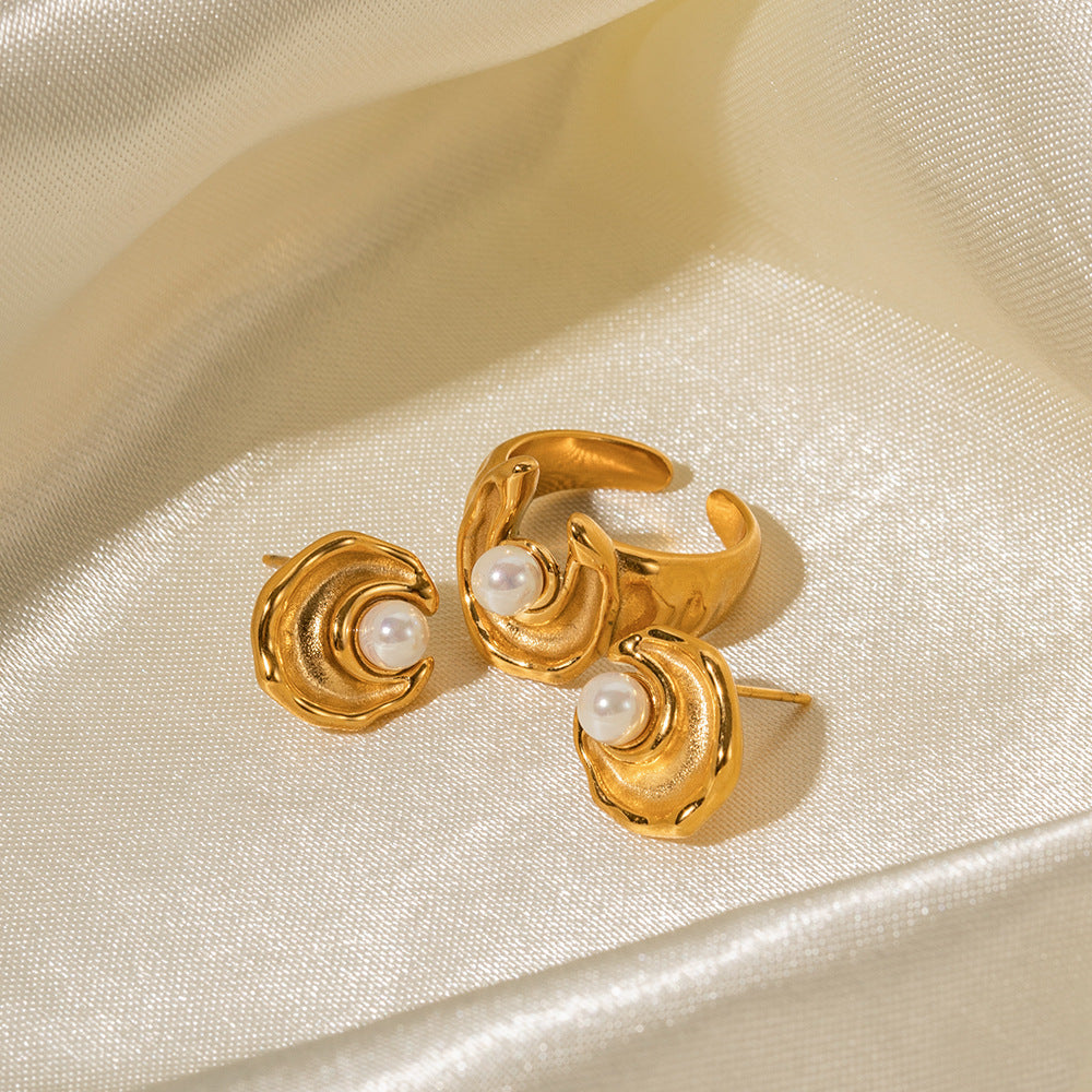 Irregular Retro Classic White Akoya Pearl Elegant 18k Vermeil Gold Plated Earrings & Adjustable Ring Jewelry Set | Mix Mix Style-Mix MIx Style