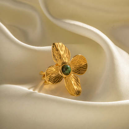 French court style dull four-petal exaggerated inlaid African turquoise open ring high-end design ring-Mix MIx Style