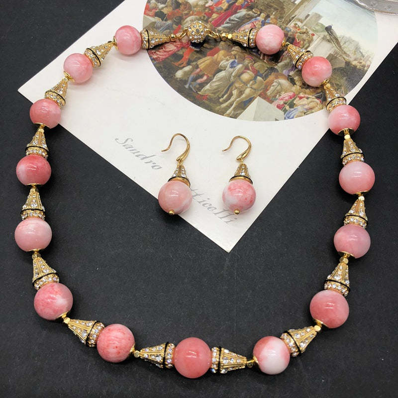 Pink Round Beads Retro Classic Luxury 18k Vermeil Gold Plated Necklace Earrings Jewelry Set | Mix Mix Style-Mix MIx Style