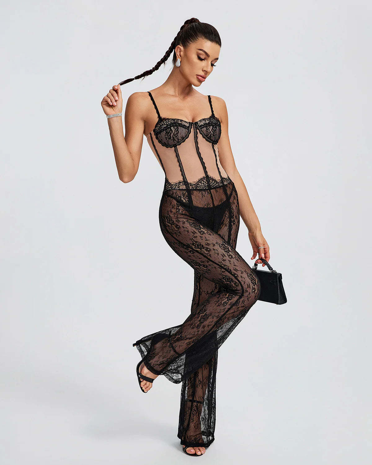 Black Strappy Backless Embroidery Lace See-Through Jumpsuit | Mix Mix Style | Mix Mix Style