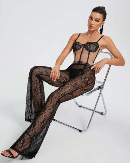 Black Strappy Backless Embroidery Lace See-Through Jumpsuit | Mix Mix Style | Mix Mix Style