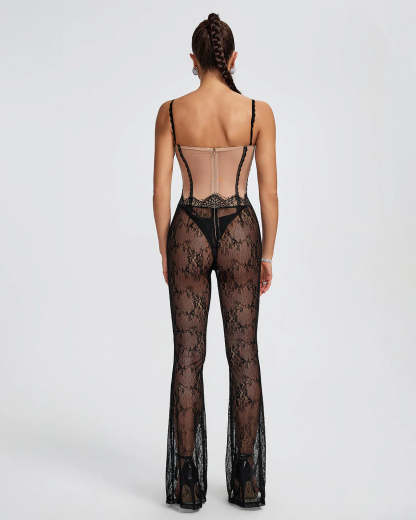 Black Strappy Backless Embroidery Lace See-Through Jumpsuit | Mix Mix Style | Mix Mix Style