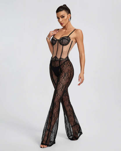 Black Strappy Backless Embroidery Lace See-Through Jumpsuit | Mix Mix Style | Mix Mix Style
