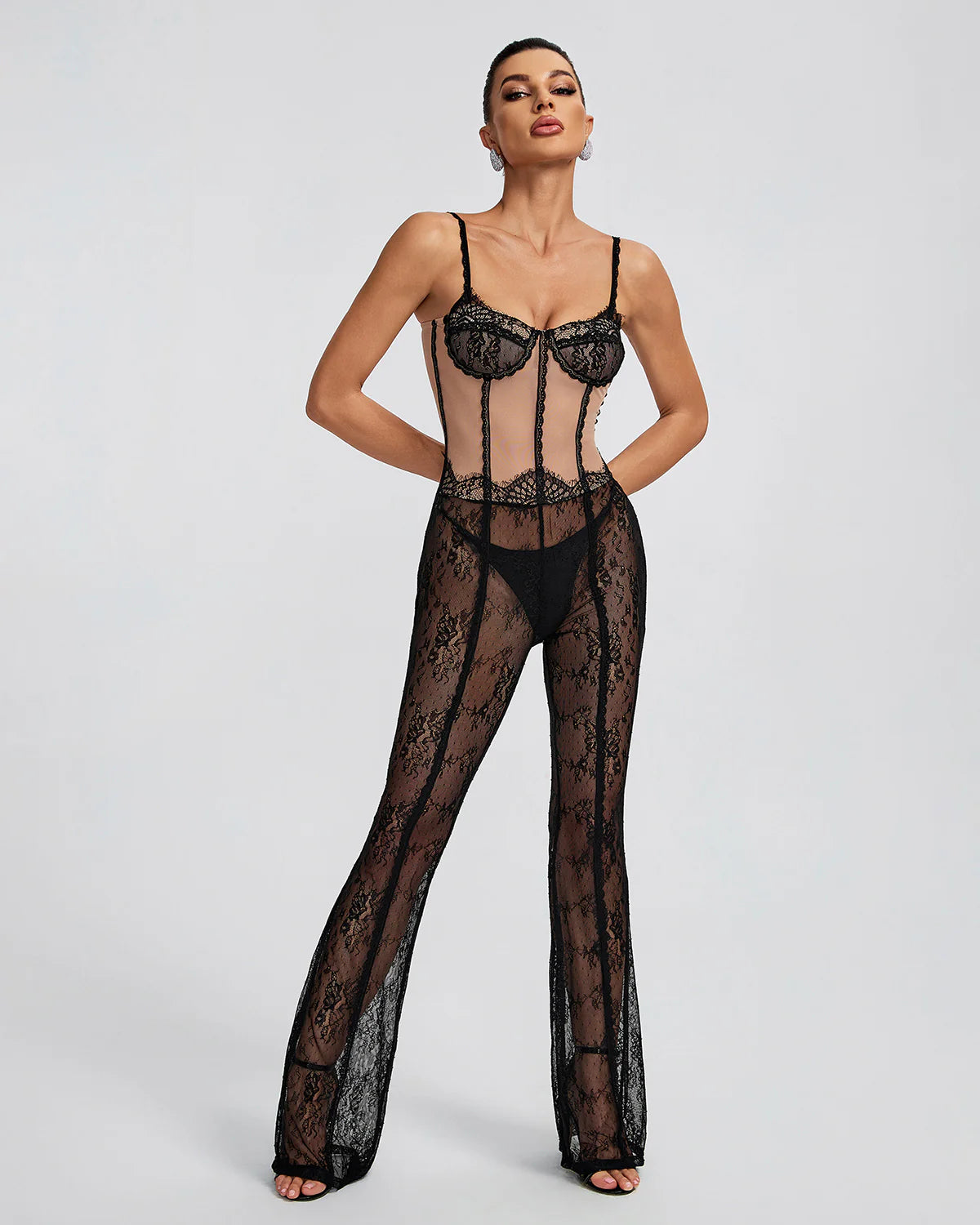 Black Strappy Backless Embroidery Lace See-Through Jumpsuit | Mix Mix Style | Mix Mix Style
