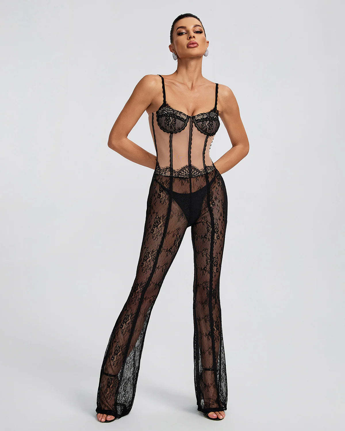 Black Strappy Backless Embroidery Lace See-Through Jumpsuit | Mix Mix Style | Mix Mix Style