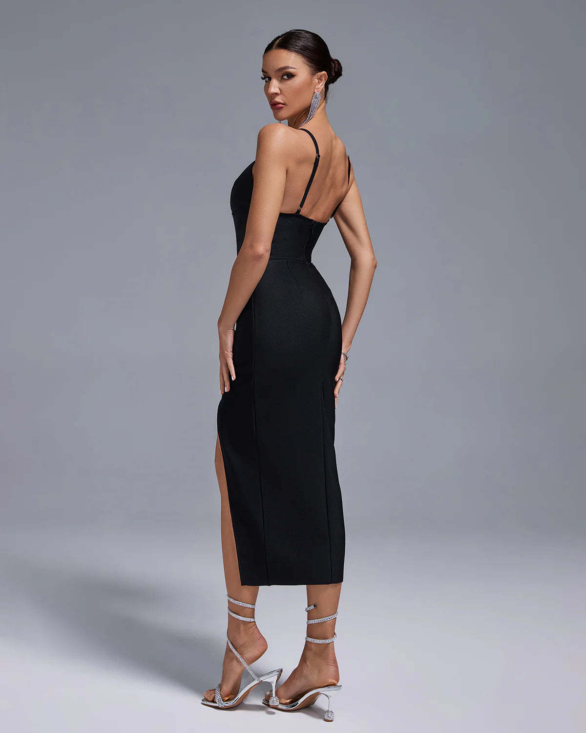 Black Strappy V-Neck Spaghetti Side Slit Bandage Casual Date Midi Dress | Mix Mix Style