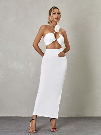 White Halterneck Cutout Split Top & Midi Skirt Set | Mix Mix Style [Hot Seller]-Mix MIx Style