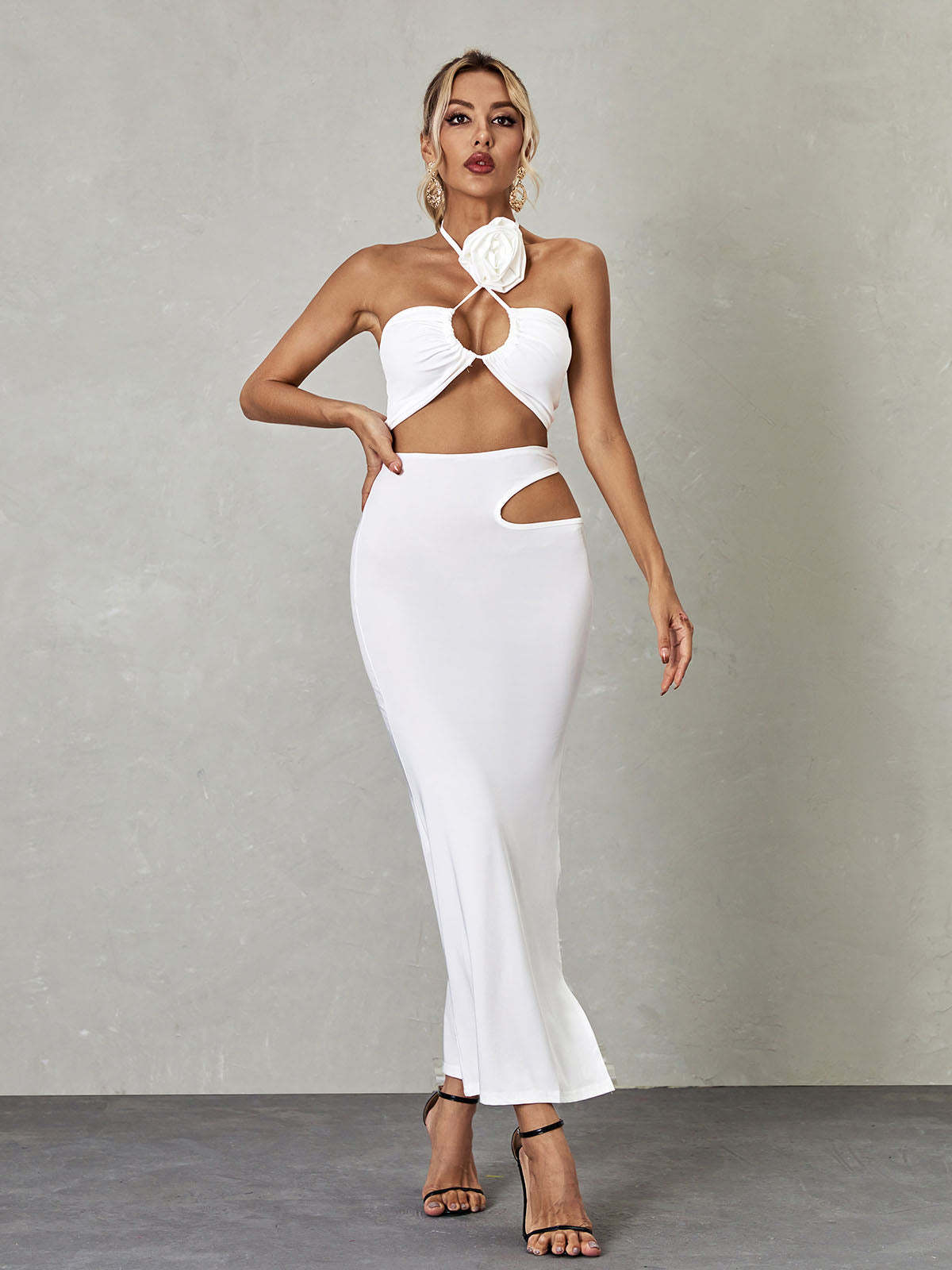 White Halterneck Cutout Split Top & Midi Skirt Set | Mix Mix Style [Hot Seller]-Mix MIx Style