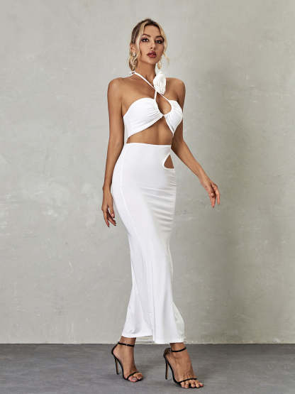 White Halterneck Cutout Split Top & Midi Skirt Set | Mix Mix Style [Hot Seller]-Mix MIx Style