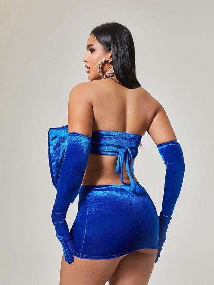 Omaira Bow Skirt Set With Gloves In Blue-Mix MIx Style