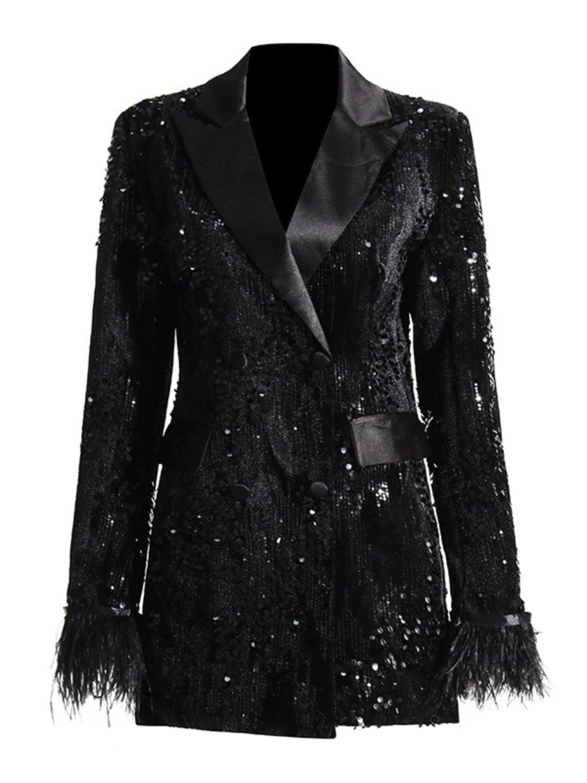 Black Sequin Feather Blazer | Mix Mix Style [Hot Seller]-Mix MIx Style
