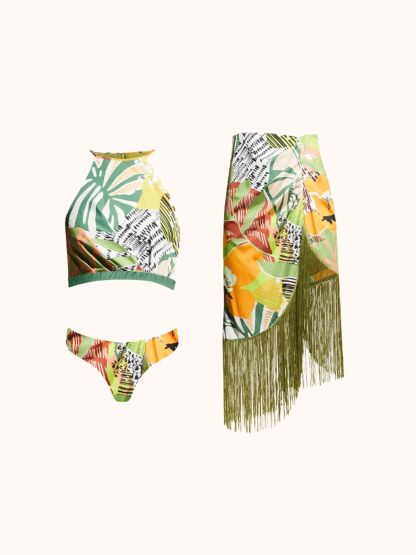 Tropical Green Printed Bikini Three Piece Set | Mix Mix Style-Mix MIx Style