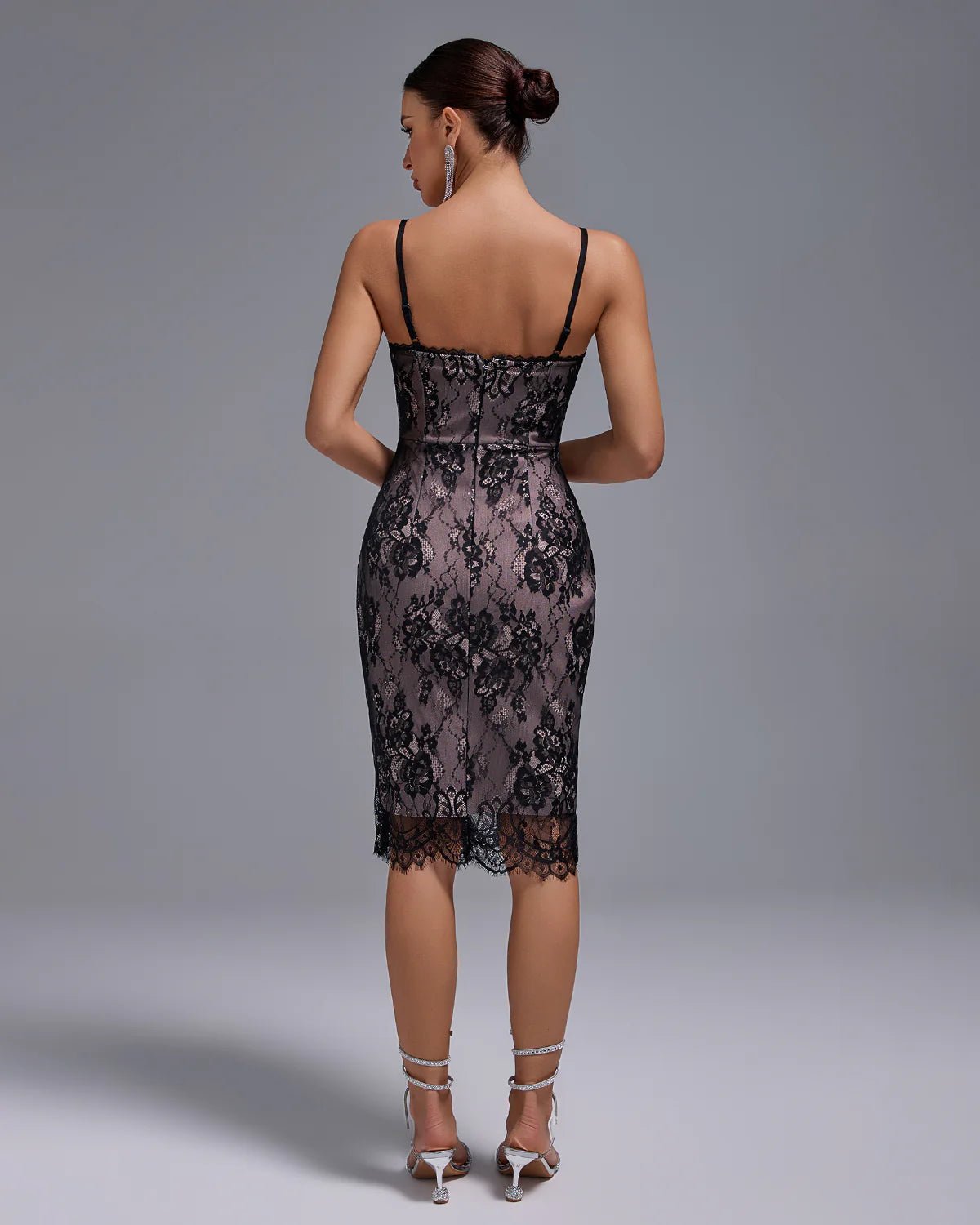 Black & Pink Sexy Pattern Lace Strappy Bandage Evening Midi Dress | Mix Mix Style