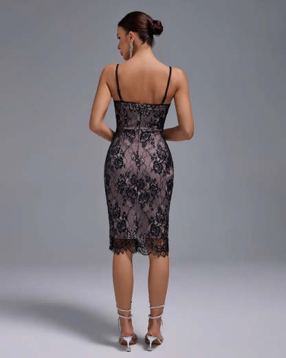 Black & Pink Sexy Pattern Lace Strappy Bandage Evening Midi Dress | Mix Mix Style