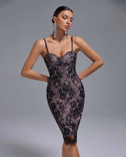 Black & Pink Sexy Pattern Lace Strappy Bandage Evening Midi Dress | Mix Mix Style