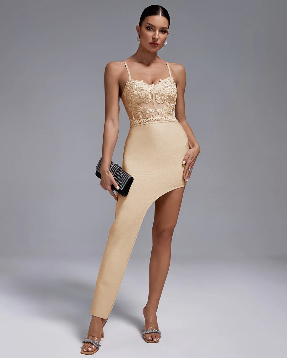 light yellow Strappy backless Asymmetric Bandage Lace summer date midi Dress | Mix Mix Style