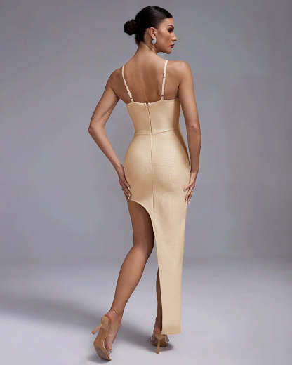 light yellow Strappy backless Asymmetric Bandage Lace summer date midi Dress | Mix Mix Style