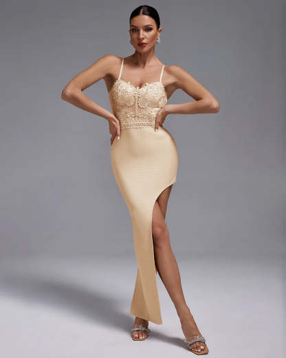 light yellow Strappy backless Asymmetric Bandage Lace summer date midi Dress | Mix Mix Style