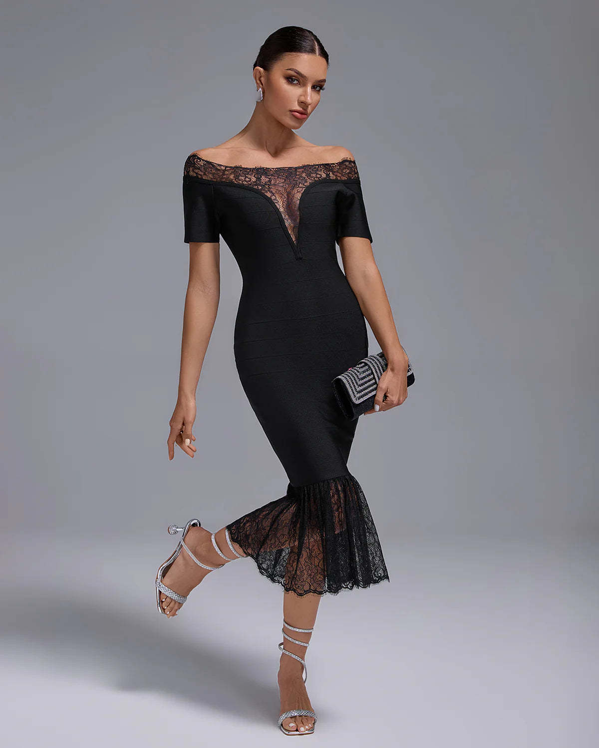 black v-neck Off Shoulder ruffle Bandage Lace evening party midi Dress | Mix Mix Style