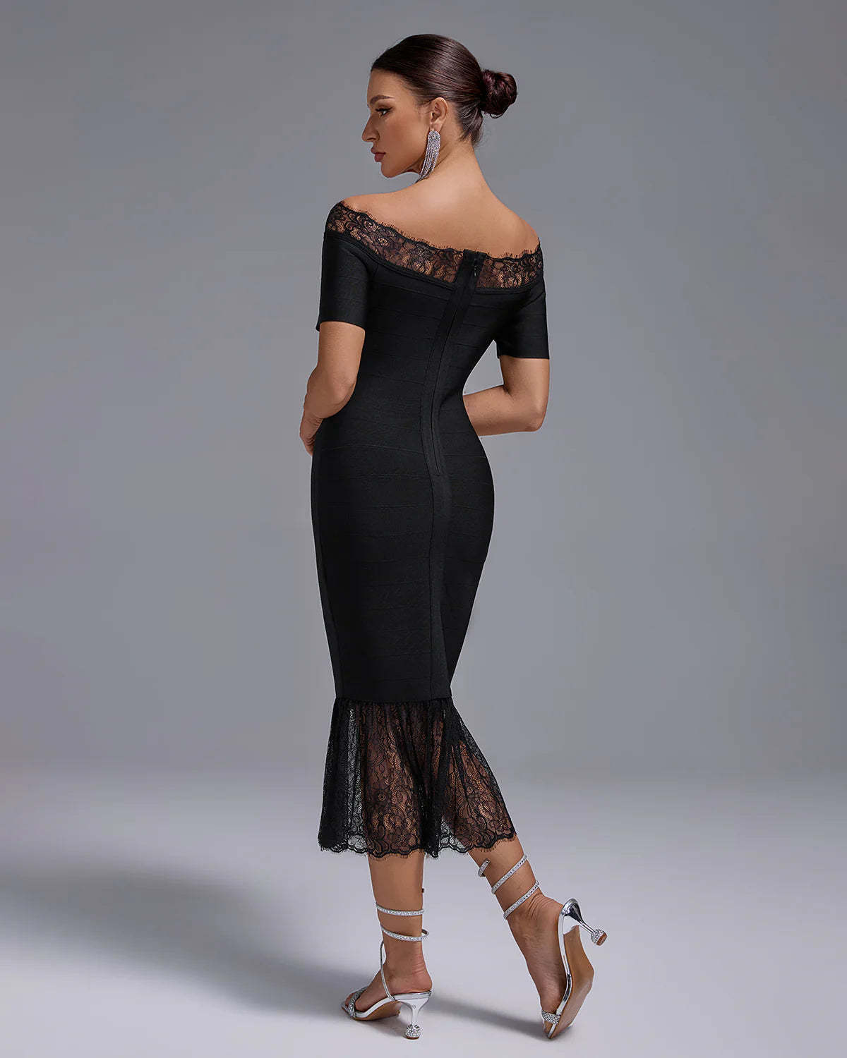 black v-neck Off Shoulder ruffle Bandage Lace evening party midi Dress | Mix Mix Style