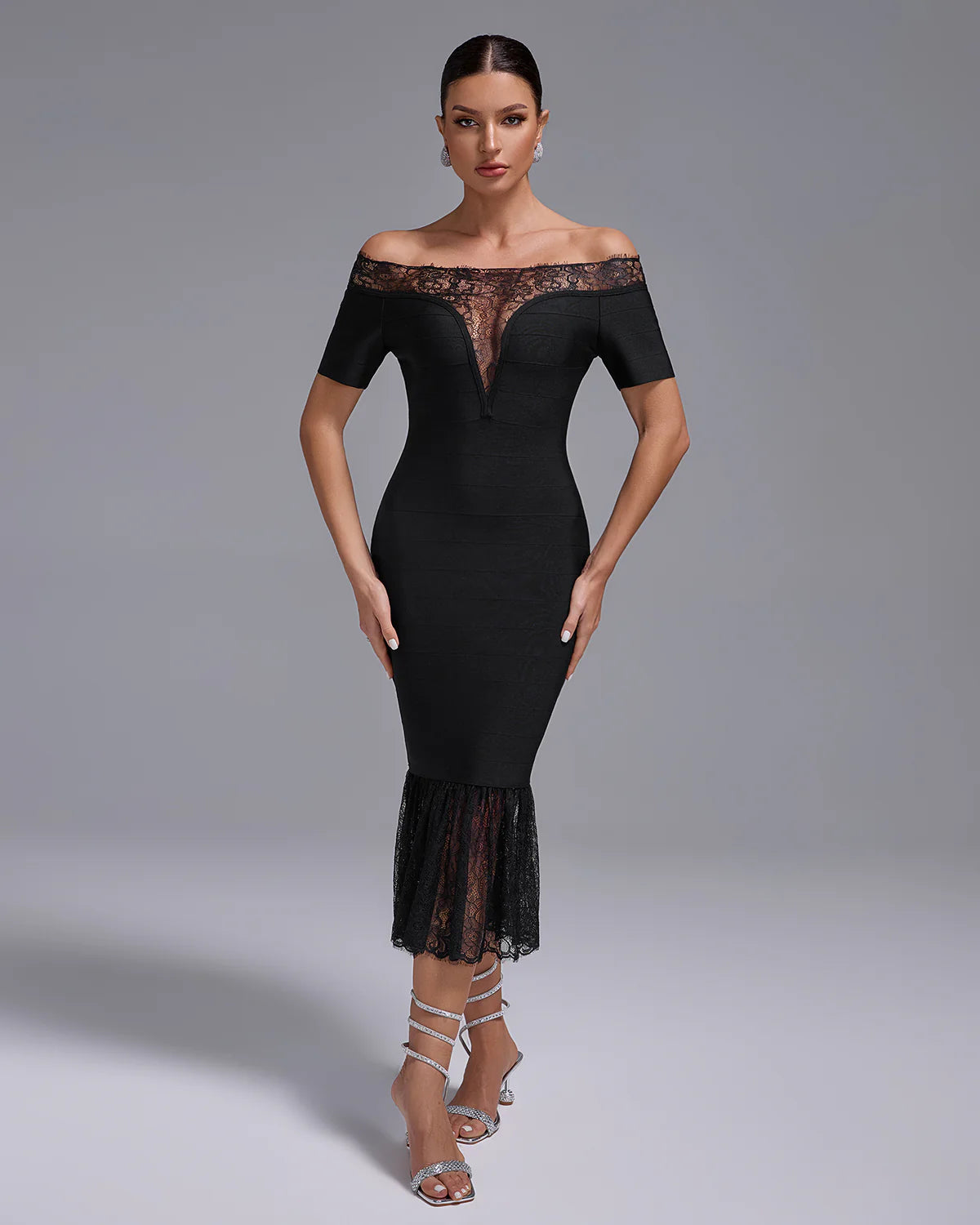 black v-neck Off Shoulder ruffle Bandage Lace evening party midi Dress | Mix Mix Style