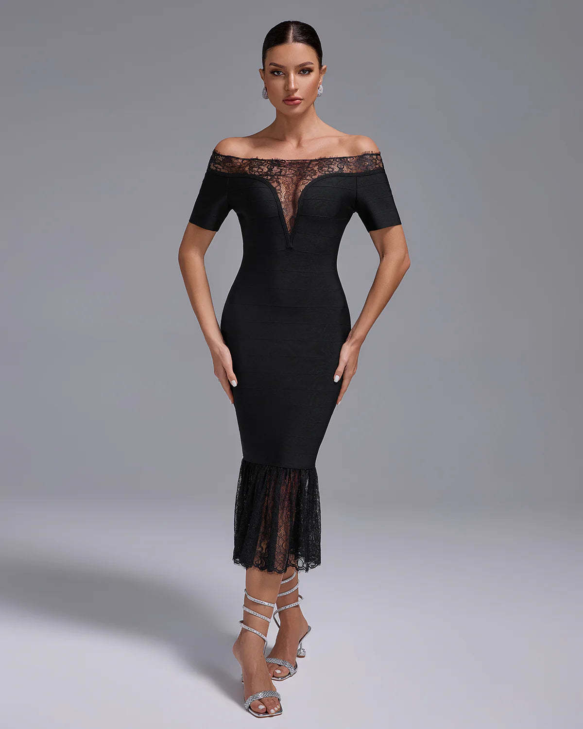 black v-neck Off Shoulder ruffle Bandage Lace evening party midi Dress | Mix Mix Style-Mix MIx Style