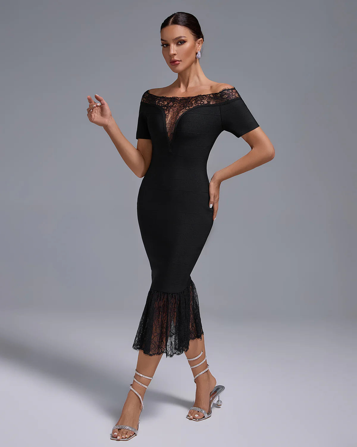 black v-neck Off Shoulder ruffle Bandage Lace evening party midi Dress | Mix Mix Style