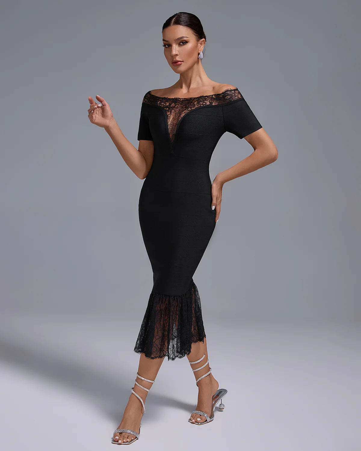 black v-neck Off Shoulder ruffle Bandage Lace evening party midi Dress | Mix Mix Style