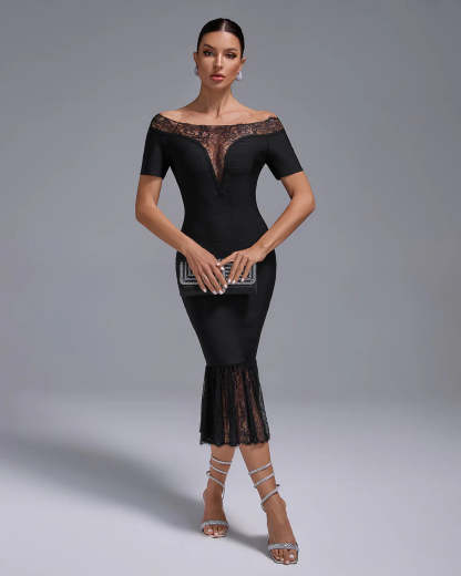 black v-neck Off Shoulder ruffle Bandage Lace evening party midi Dress | Mix Mix Style