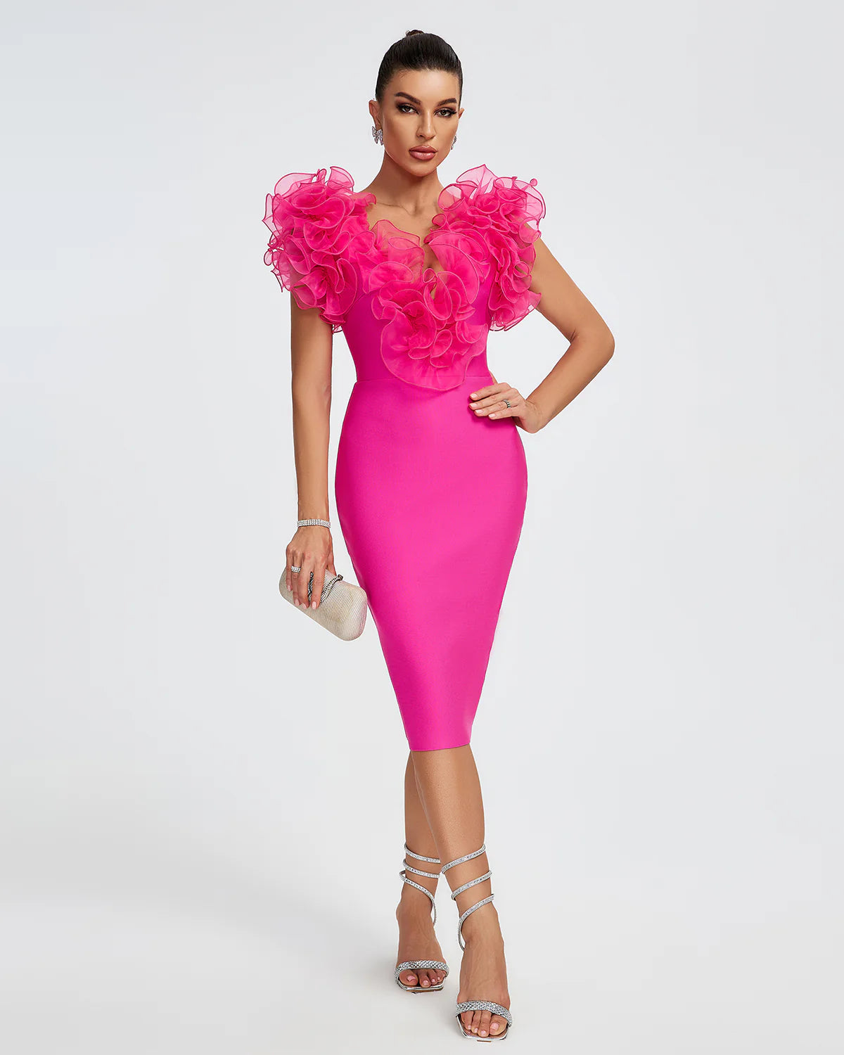 hot pink V-Neck backless Ruffle Trim Party Valentine Bandage Midi Dress | Mix Mix Style